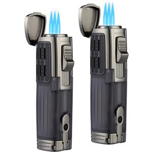 Cigar Lighter Triple Jet Flame Torch Lighter Refillable Butane Lighter with Cigar Punch, 2 Pack, Charcoal