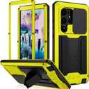 Samsung S23 Plus Case with Screen Camera Protector Kickstand, Samsung S23 Plus Rugged Military Metal Heavy Duty Case with Stand Screen Protector Slide Camera Cover for Man Outdoor (Yellow)