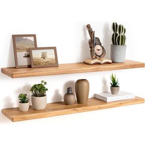 36" Rustic Elm Wood Floating Shelves, 8 Inch Deep Wall Shelves for Home Decor, Wall Mounted Floating Shelf with Invisible Bracket, Heavy-Duty Storage & Display Shelf for Living Room, Kitchen, Set of 2