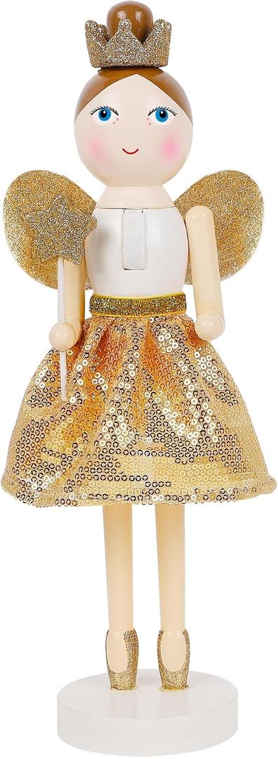 Joliyoou 14 Inch Christmas Wooden Nutcracker, Golden Fairy Nutcracker Holding A Star Wand Mantel Figurine, Xmas Nutcracker Tabletop Centerpieces Festival Shelves Decor