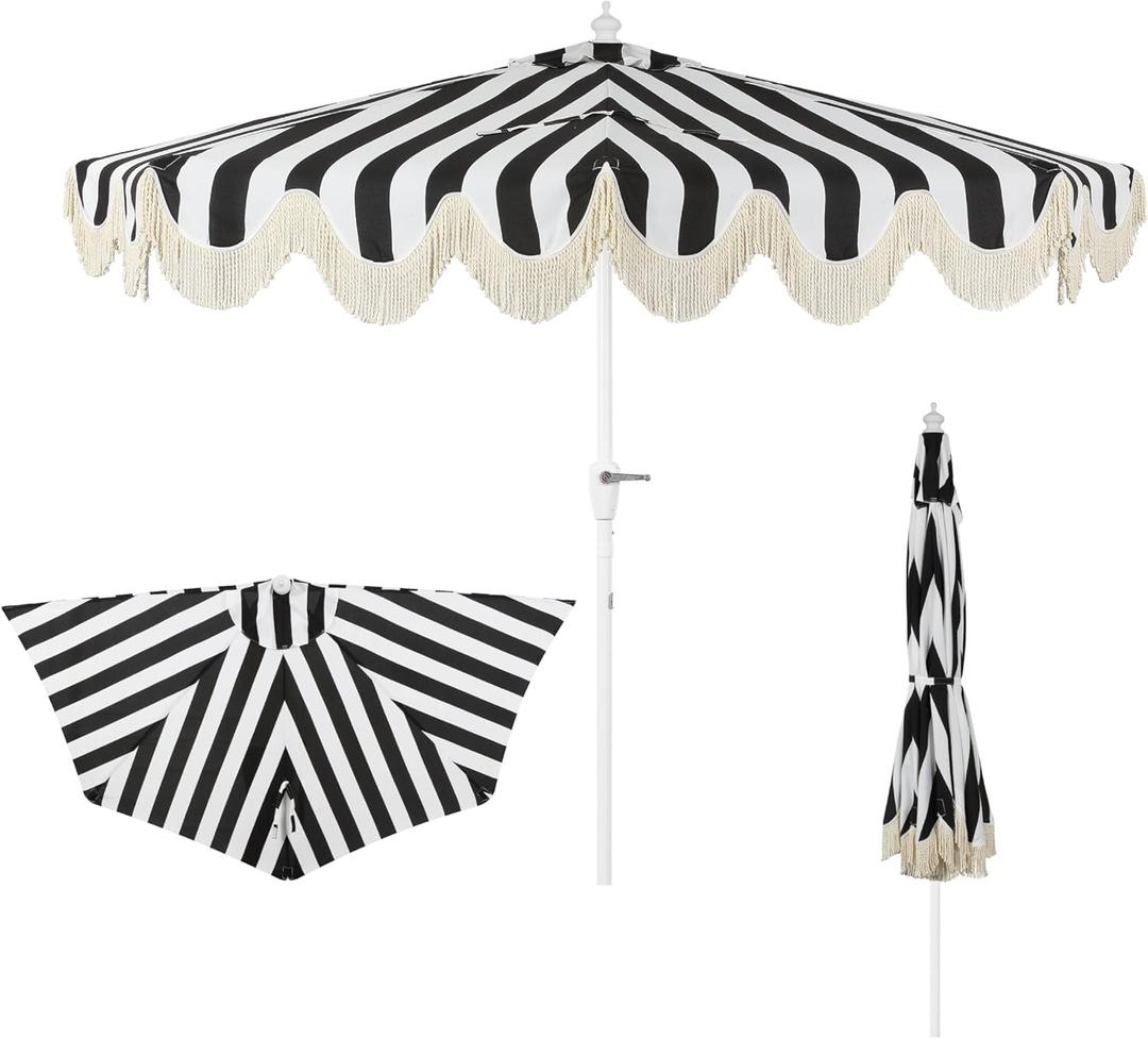 JONATHAN Y Half Umbrella UMB1201H Beverly 9 ft. Designer Classic Scalloped Fringe Market Patio with Crank, Tilt Button and UV Protection in Black/White, White Pole
