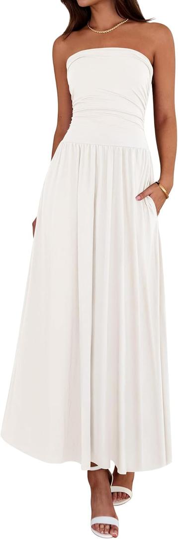 BTFBM Summer Maxi Dresses for Women 2025 Strapless Ruched Tube Top Flowy Beach Vacation Wedding Guest Fall Dress Pockets (Medium, White)