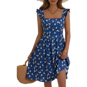 Loemes Summer Casual Cute Floral Flowy Square Neck Sundressses with Pocket Beach Dress for Women (Small, Blue Star Flower-52)