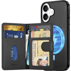 SHIELDON Wallet Case for iPhone 16 6.1", Genuine Leather Detachable Magnetic RFID Blocking 6 Card Slots, Slim Wireless Charging Protective Phone Case Compatible with iPhone 16 2024 - Nappa Black