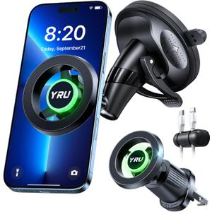 YRU [Truely Upgrade & Patent] Car Phone Holder for Magsafe [98+LBS Strongest Suction & Enhanced Magnetic] Dashboard Car Mount Windshield Vent Phone Stand for iPhone 17/16/15/14/13/12 Pro Max, Black