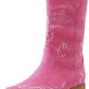 DREAM PAIRS Women's Square Toe Cowboy Cowgirl Boots Pull On Low Chunky Heel Mid Calf Western Boots with Embroidered Stitched for Theme Party Country Concert (7.5, Pink)