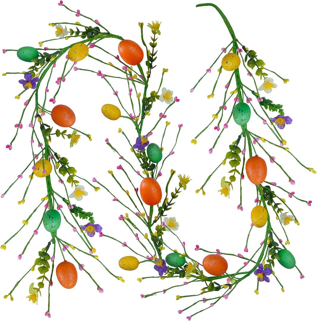 Winlyn 5.9 Ft Artificial Easter Egg Garland Spring Flower and Egg Garland with Pip Berry Hanging Decoration for Easter Home Mantel Shelf Table Runner Centerpiece Spring Wreaths Kitchen Cabinet Dcor