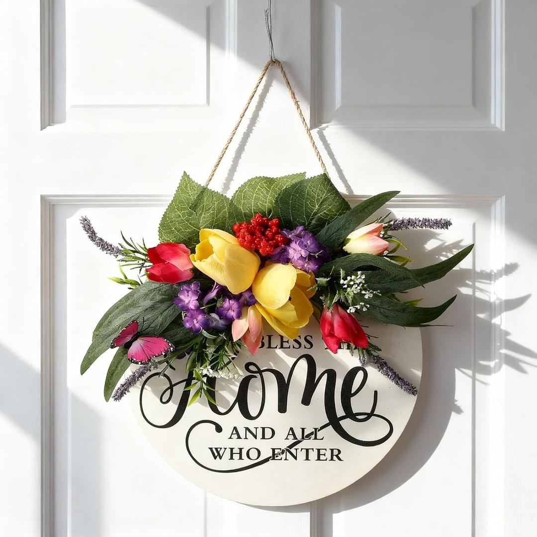 Kathfly Welcome Sign for Front Door Summer Tuilip Butterfly Front Door Wreath Bless This Home and All Who Enter Sign 12 in Christian Jesus Rustic Round Wood Wreath Wall Hanging Home Decor for Porch