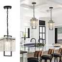 Modern Black Crystal Pendant Light Fixtures for Kitchen Island and Dining Room, Luxury Water Ripple Glass Hanging Chandelier for Bedroom Entryway Living Room Foyer Hallway 1-Pack