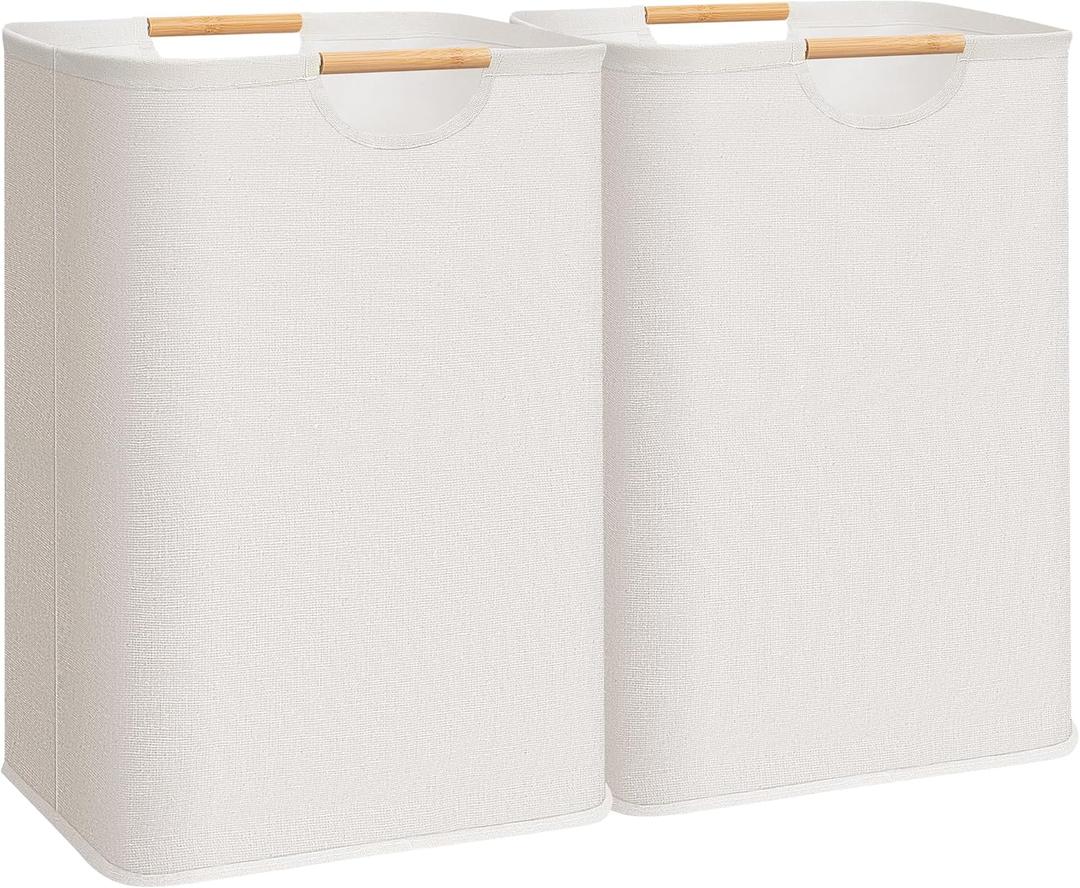 STORAGE MANIAC Large Laundry Hamper, 80L (21.1 Gal) Collapsible Laundry Basket with Bamboo Handles, Freestanding Waterproof Clothes Hamper for Laundry Room, Bedroom, Dorm, Towels, Toys, Beige