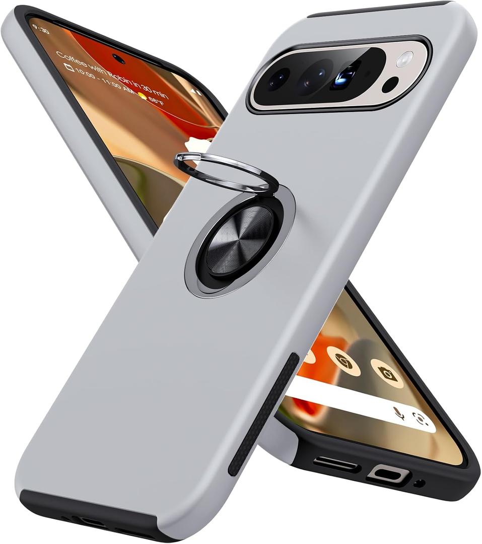 JAME for Google Pixel 9 Pro XL Case, Slim Fit Phone Cover with Metal Ring Holder Kickstand Stand, Dual Layer Military Grade Shockproof Protective Phone Case for Google 9 Pro XL 6.8", Silver