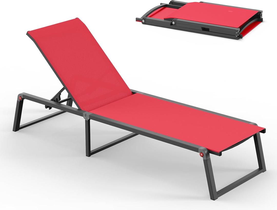 Aluminum Chaise Lounge Chair Outdoor, Foldable& No Assembly Patio Pool Lounge Chairs 5-Position Recliner for Outside, Fully Grounded Legs Sun Lounger for Poolside, Red