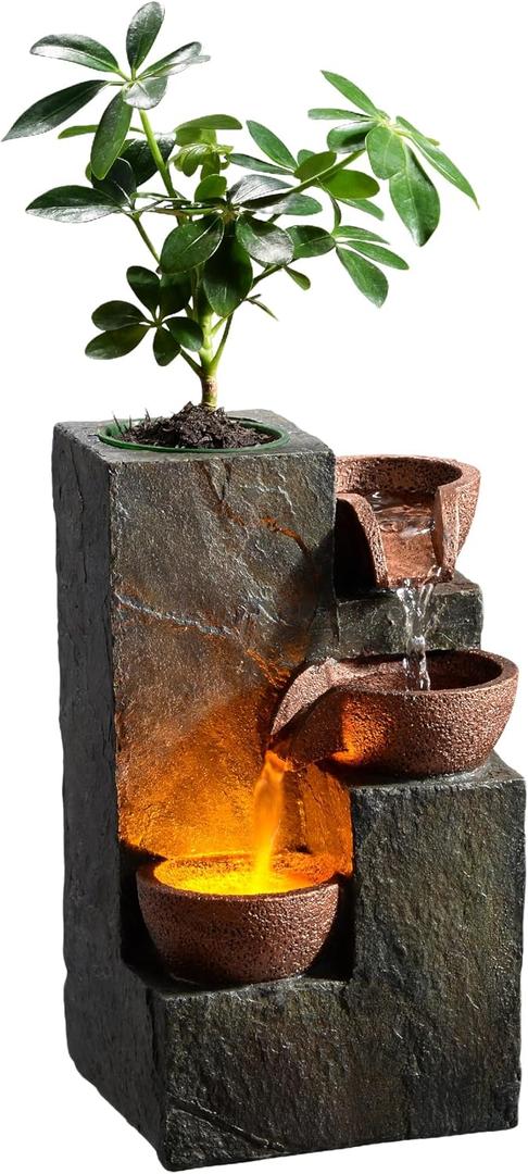 Tabletop Indoor Water Fountain 3-Tier Rock Waterfall Fountain with Warm LED Light and DIY Planting Pot Relaxing Small Water Feature for Desk or Home Decor (23061)