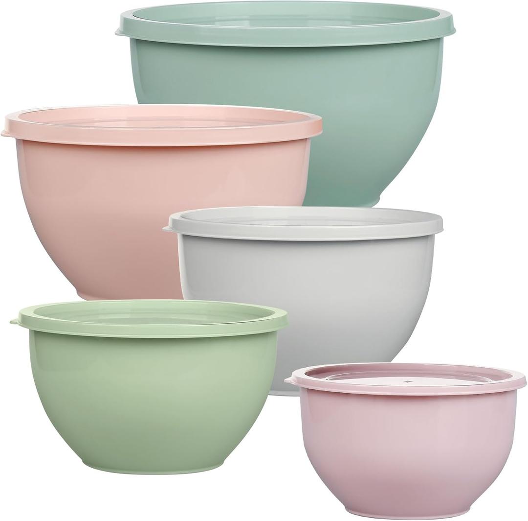 Greentainer Plastic Mixing Bowls with Lids Set for Kitchen, 5 Set Nesting Bowls for Mixing, Baking, Prepping, Cooking and Serving Food, Mixing Bowls Dishwasher, Microwave Safe (Pink)