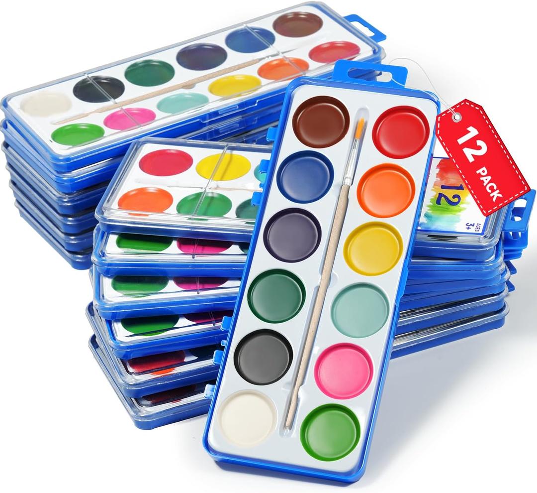 Washable Watercolor Paint Set for Kids, 12 Colors with Brushes  12 Pack Non-Toxic Watercolor Paints  Great for Classroom, Party Favors, Birthday Gifts