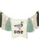 HGFC Duck 1st Birthday Highchair Banner Decorations - First Birthday High Chair Banner - Duck Hunting Theme Party Supplies - Duck Embroidery Tassel Garland - Mallard Duck Wood Bead Tassel Party Banner, Green