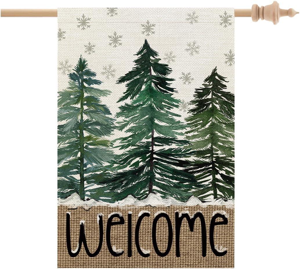 CROWNED BEAUTY Christmas House Flag 28x40 Inch Double Sided Large Burlap for Outside Welcome Pine Trees Holiday Yard Flag CF1105-40