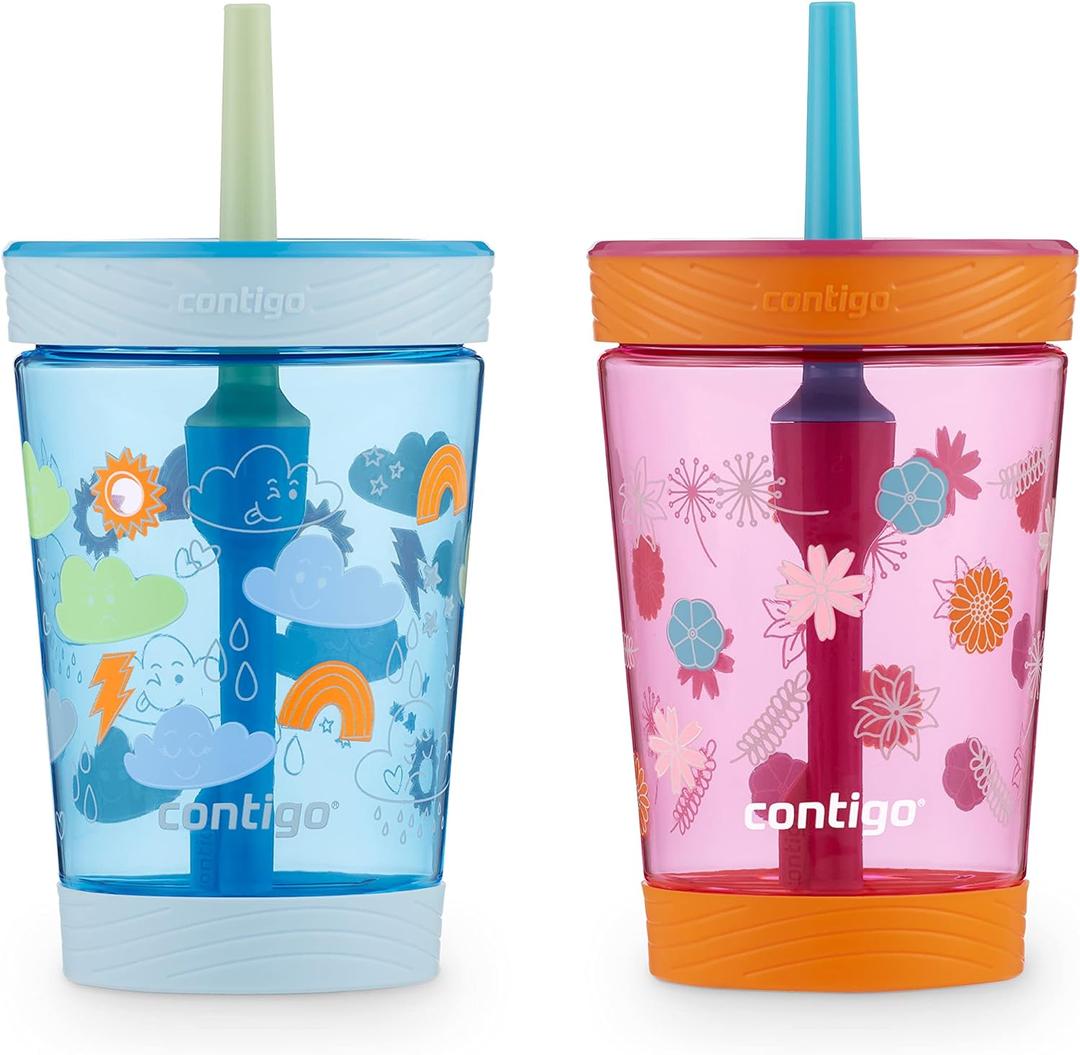 Contigo Kids Spill-Proof Tumbler with Straw 14 oz. Pack of 2 (Dragonfruit Wildflowers & Blue Poppy Clouds)