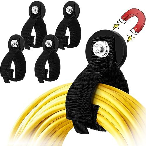 Windyun 2 Pcs Heavy Duty Magnetic Hooks & Straps - Extension Cord Holder & Hose Organizer for Workshop & Garden (2.6 Inch)