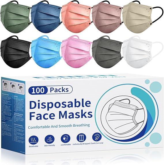 Disposable Face Mask For Adults - FSA HSA Eligible, 100 Pack Individually Wrapped, 4 Ply Protection, Safety Masks Disposable