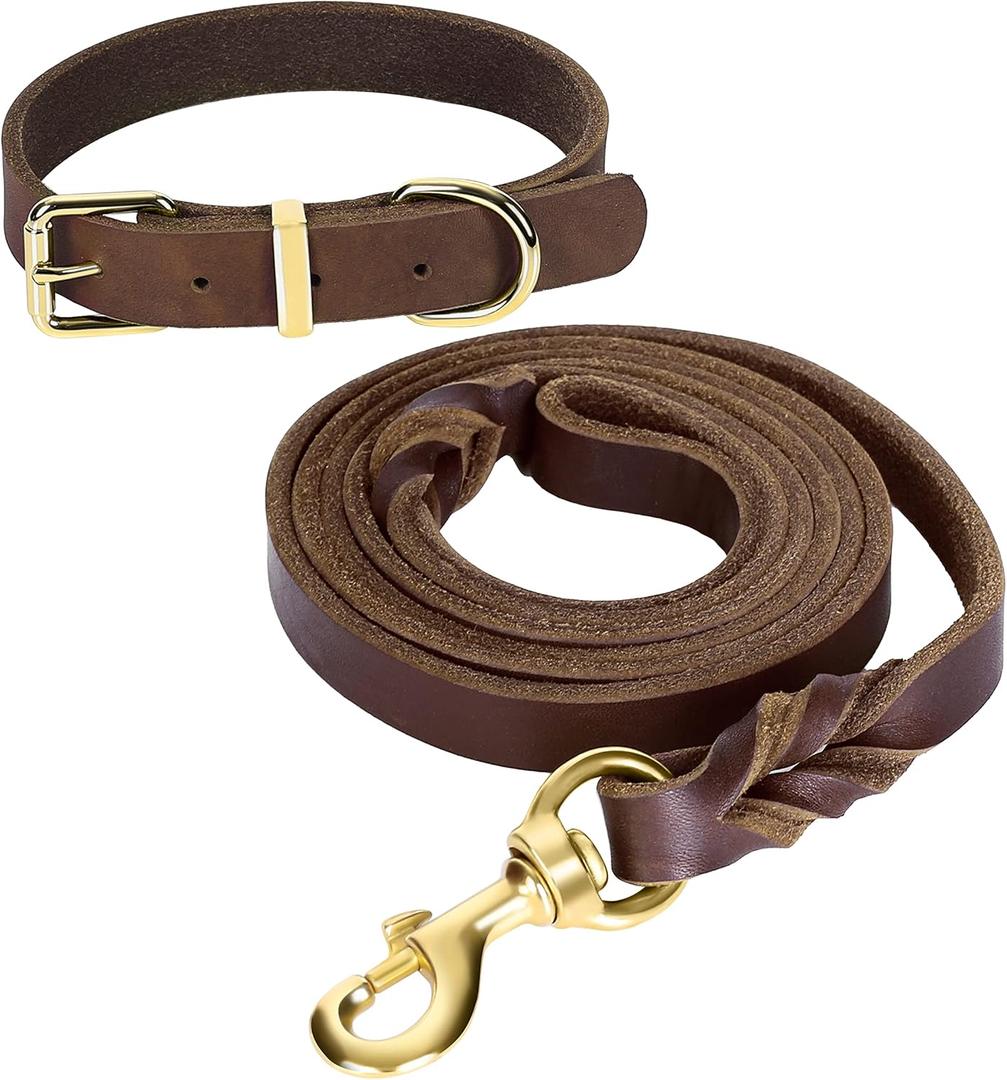 Guiding Star 6ft Leather Dog Leash and Collar Set, Soft Braided Leather Dog Leash 6ft with Adjustable Dog Collar, Heavy Duty Leather Dog Collar and Leash Set Combo for Small Medium Large Dogs (Brown), Size: Small