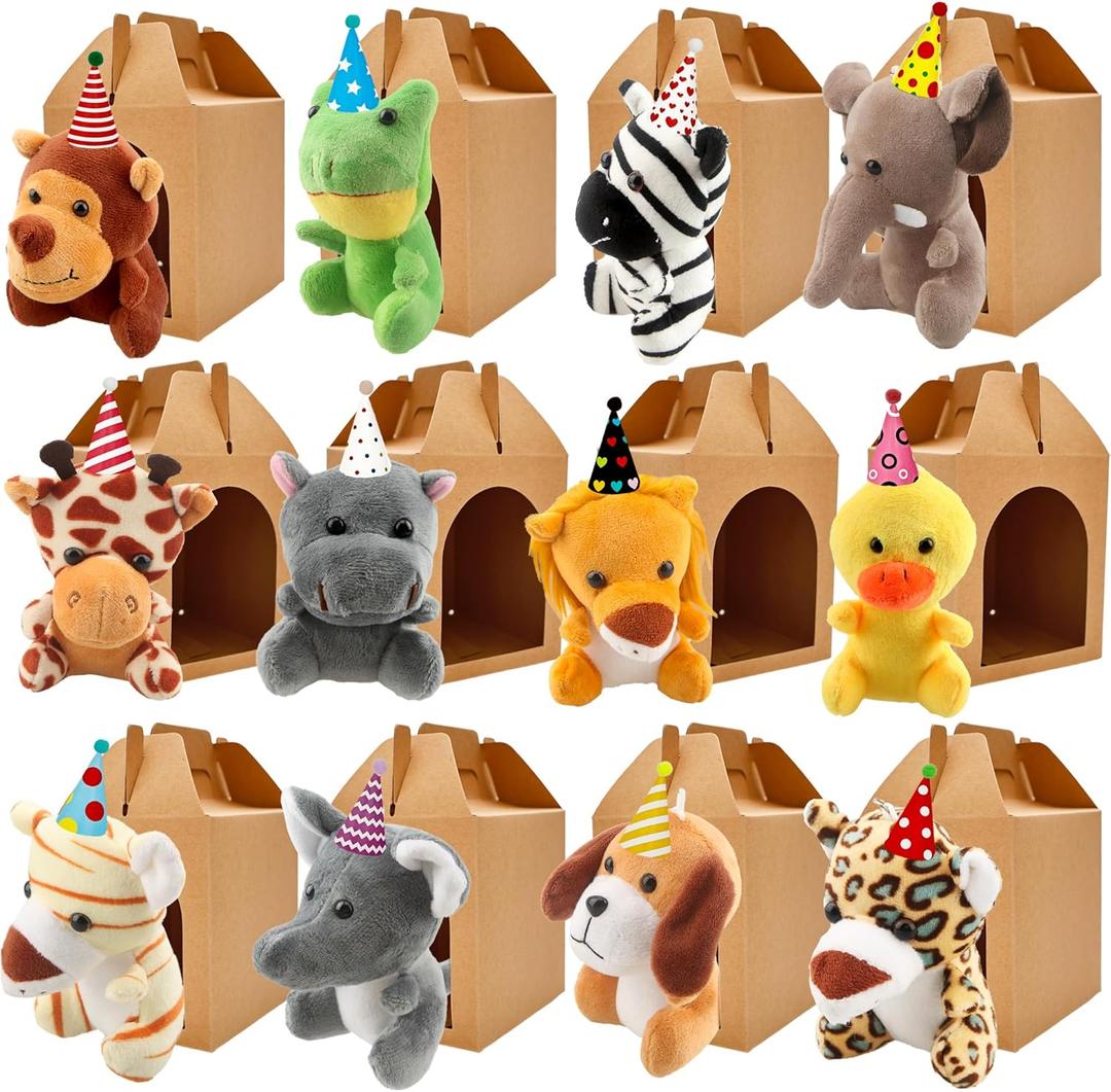12 Set Adopt Jungle Party Favors with 12 Mini Plush Jungle Stuffed Animal Toys 12 Birthday Hats and 12 Kraft Paper Boxes for Birthday Adopt Theme Party Favors
