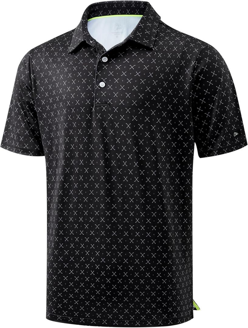 Obla Mens Golf Polo Shirts Short Sleeve Dry Fit Performance Moisture Wicking Casual Print Collared Golf Shirts for Men (Black, L)