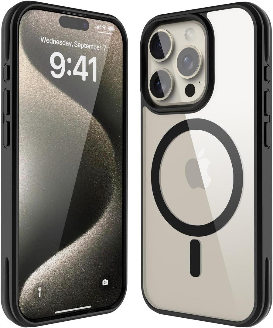 2 x for iPhone 15 Pro Max Case, Strong Magnet-Compatible with MagSafe, Shockproof Military-Grade Protection, Slim Mag Safe Thin Phone Cover Promax 6.7 in for Apple 15pro Max (Clear Black)