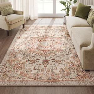 SONGMICS HOME Area Rug, 5x7 ft Rug for Bedroom, Non-Slip Carpet, Traditional Vintage Style, Home Decor, for Living Room, Kitchen, Entryway, Dining Room, Machine Washable, Cappuccino Beige UTAR036K01 (5'W x 7'L)