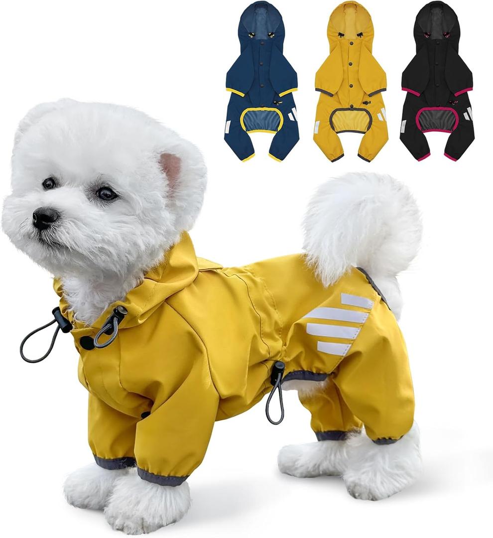Dog Raincoat, Waterproof Dog Rain Jacket with Hood, Rain Coat with Leash Hole, Reflective Strap for Small Medium Dogs, Lightweight Puppy Clothes(Yellow, S) (S(Back Length12''))