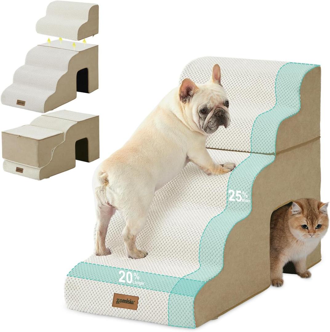 Dog Stairs for Large Dogs - 5 Steps 24" H Pet Ramps for High Bed 2 in 1 with Zippers Suitable for Cats, Indoor Cat Ladders with Non-Slip Bottom, Beige