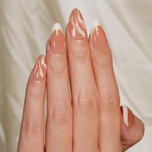 Press on Nails Short Almond French Tip Fake False Nails with Designs Glitter Gold Stick on Nails Glossy Glue on Nails Acrylic Nails for Women Girls 30 Pcs