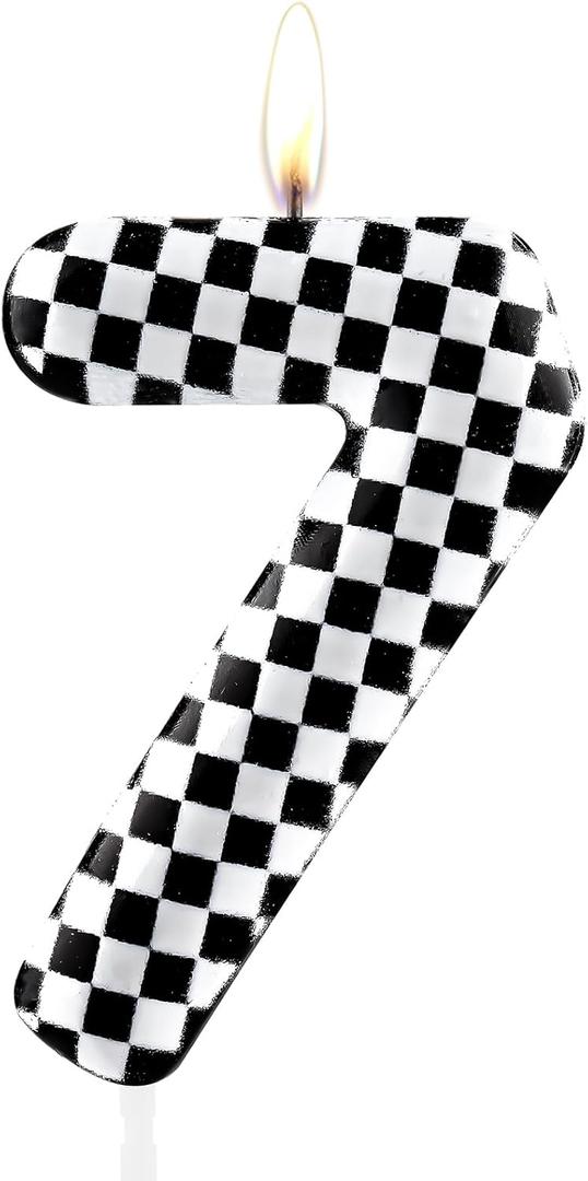 3 x Black White Checkered Birthday Candles, Checkered Flag Racing Theme Number Birthday Cake Decoration, Car Enthusiast Party Decor, 7th Birthday Cake Candles for Boys and Girls, Kids Party Supplies