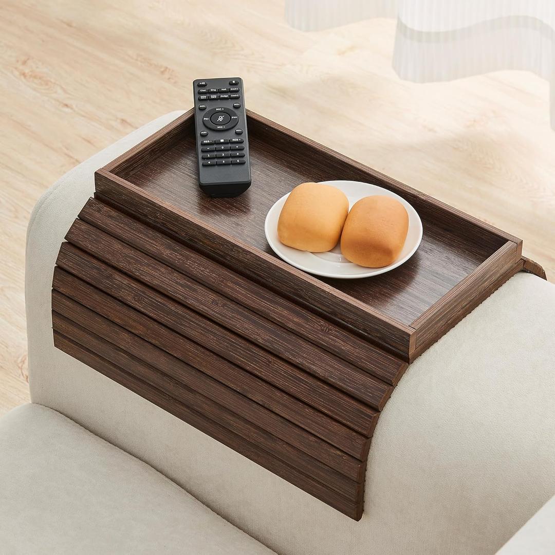 GEHE Bamboo Sofa Arm Tray, Foldable Couch Arm Tray Side Table, Anti-Falling Armrest Tables Cup Holder for Snacks, Drinks, Beers, Phone, Control, Flexible and Portable, Anti-Slip Bottom (Brown)