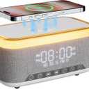 Bluetooth Speaker Alarm Clock with 10w Fast Wireless Charger for iPhone Samsung, 10W Stereo Bluetooth Speaker, 12-Color Night Light, White Noise Machine Digital Clock with FM Radio for Bedroom