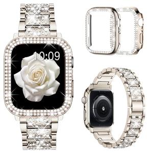 Mosonio Compatible with Apple Watch Band 44mm with Case Women, Jewelry Replacement Metal Wristband Strap with 2 Pack Bling PC Protective Cover for iWatch Series 6/5/4(Champagne)