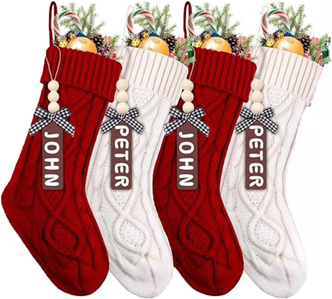 4 Pack Christmas Stockings,18 Inch Cable Knit Christmas Stockings Bulk Personalized Christmas Stockings with Name Tags Large Cable Knitted Stocking for Holiday Christmas Party Family Decor (2white & 2red)