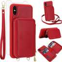 Phone Case for iPhone Xs X 10 10s Wallet Cell Cover with Tempered Glass Screen Protector Crossbody Strap Lanyard RFID Blocking Card Holder iPhoneX iPhoneXs iPhone10 i PhoneX SX 10x 10xs Xs Women Red
