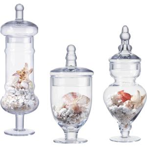 Set of 3 Apothecary Jar Glass Decorative Candy Jars Elegant Storage Candy Buffet Display, Wedding Candy Organizer Canisters (H: 9", 12.5", 14"; 20 FL.OZ, 23 FL.OZ and 28 FL.OZ) (Clear)