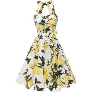 Topdress Women'sVintage Polka Audrey Dress 1950s Halter Retro Cocktail Dress (Medium, White Lemon)