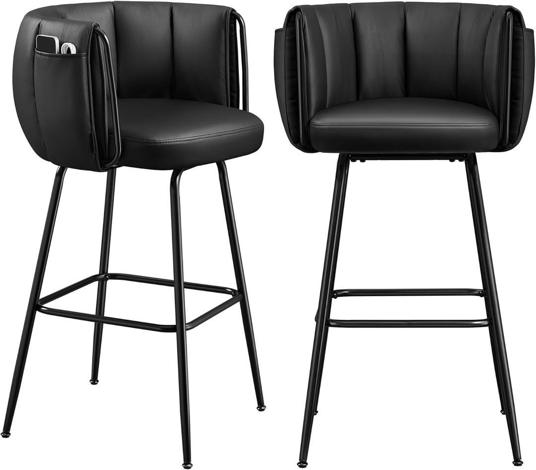 SONGMICS Home 360 Swivel Bar Stools Set of 2, Barstools with Curved Back, Upholstered Counter Bar Stools with Footrest, Metal Tapered Legs, for Kitchen Island, Dining Room, Ink Black ULBC123B02