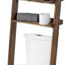MyGift 5.5 Foot Tall Rustic Burnt Solid Wood Over The Toilet Decorative Ladder Standing Shelf, 3 Tier Bathroom Organizer Leaning Storage Shelves Rack Stand