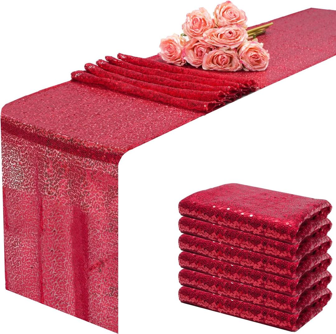12x108 inch Red Sequin Table Runner Sparkly Glitter Table Linens 6 Packs for Party Decorations Wedding Birthday Baby Shower Engagement Anniversary