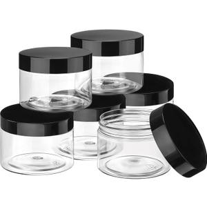 Pack of 6 6 oz Plastic Jars Refillable Containers with Lids Wide-mouth Leakproof Reusable Round Empty Jars for Travel Cosmetic Dry Food Spice Cookie Candy Home Kitchen Organizing (Clear) (Black)