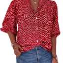 MakeMeChic Women's Ditsy Floral Print Half Sleeve Button Down Shirt Collared Boho Blouse Tops (Medium)