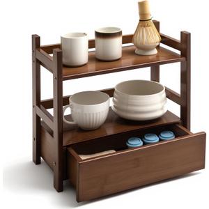 Chunful 2 Tier Matcha Station Bamboo Organizer with Hidden Drawer, Wood Home Coffee Station Organizer for Kitchen Countertops, Coffee Bars, Kitchen & Office Storage(13" L x 6.5" W x 12.6" H)(Brown)
