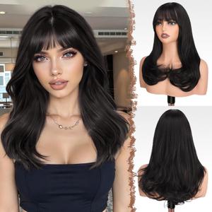 FESHFEN Long Wigs with Bangs, Synthetic Natural Looking Layered Straight Hair Wig for Women Daily Party Use 18 inch, Natural Black