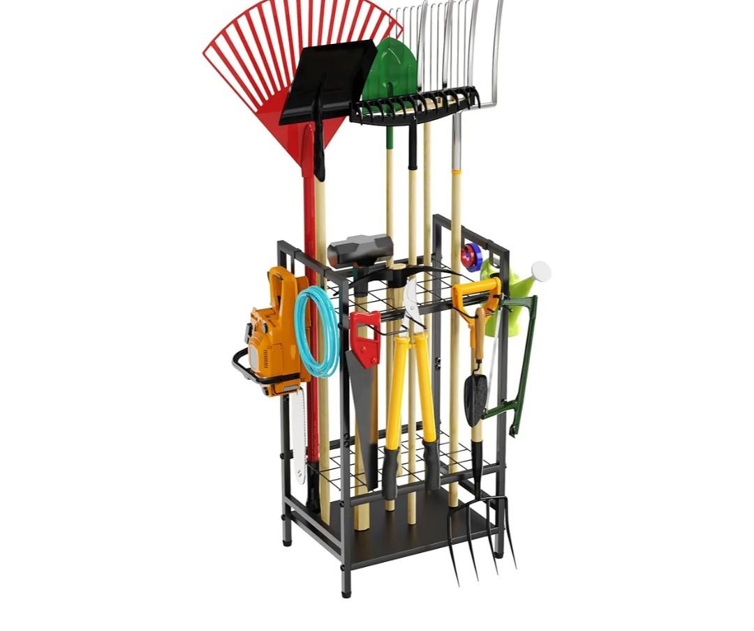 Garden Tool Organizer for Garage, Yard Tool Rack, Black Metal Garden Tools Rack Storage with Hooks for Yard Shed Garage Organization