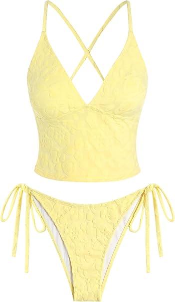 ZAFUL Women's Spaghetti Strap Tankini Swimsuits V Neck Tummy Control Tie Side Thong Bikini Swimsuits 2 Piece Bathing Suits (Yellow, M)