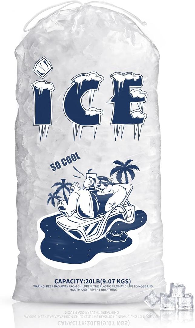 FireKylin 100 Pack Ice Bags 20 lb, Heavy-Duty Ice Bags with Drawstring, Portable Ice Cube Storage and Freezer Keeper(2 Mils Thickness)